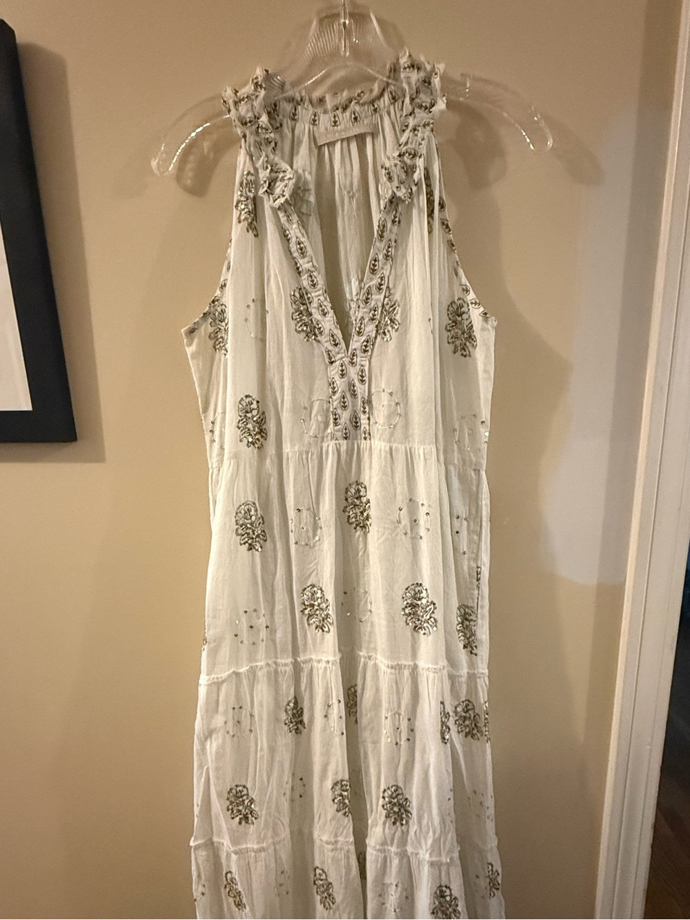 Lola Australia Halter Maxi Dress with gold Floral Embroidery and sequins. MED